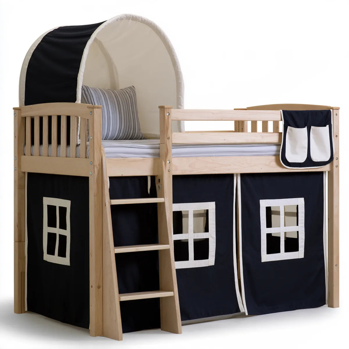 Twin Kids Loft Bed, 79 x 43 x 75 in, Natural Pine Wood Frame with Black, White and Gray Cotton Canopy Set
