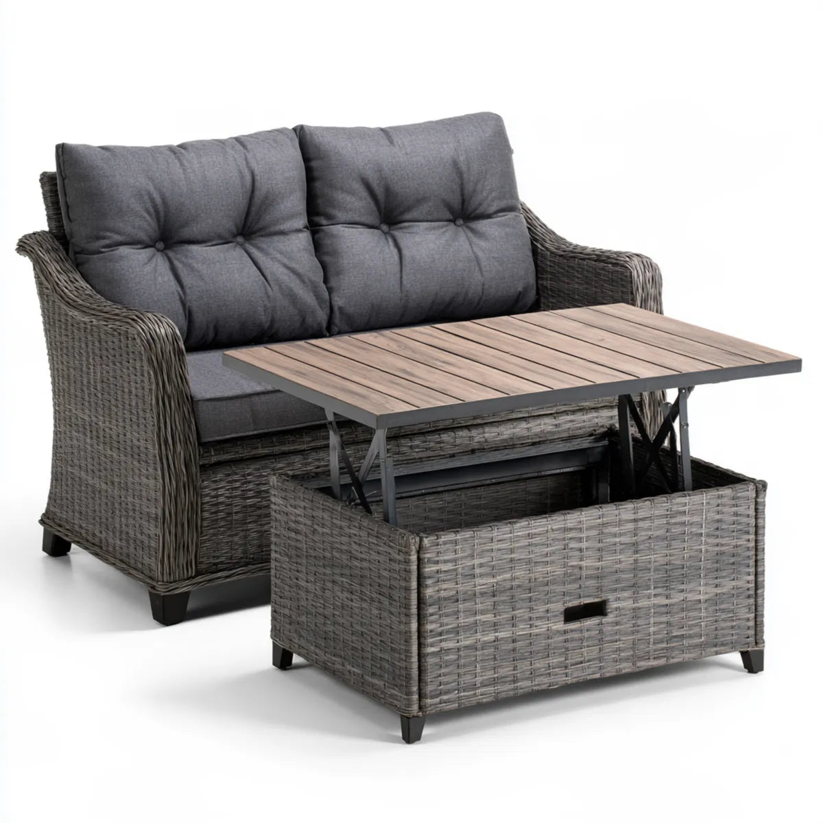 Outdoor Patio 2-Piece Gray PE Rattan Loveseat and Lift-Top Storage Coffee Table Set, Loveseat 50.4 x 28.3 x 33.5 in, Table 43.3 x 22 x 18.1 in