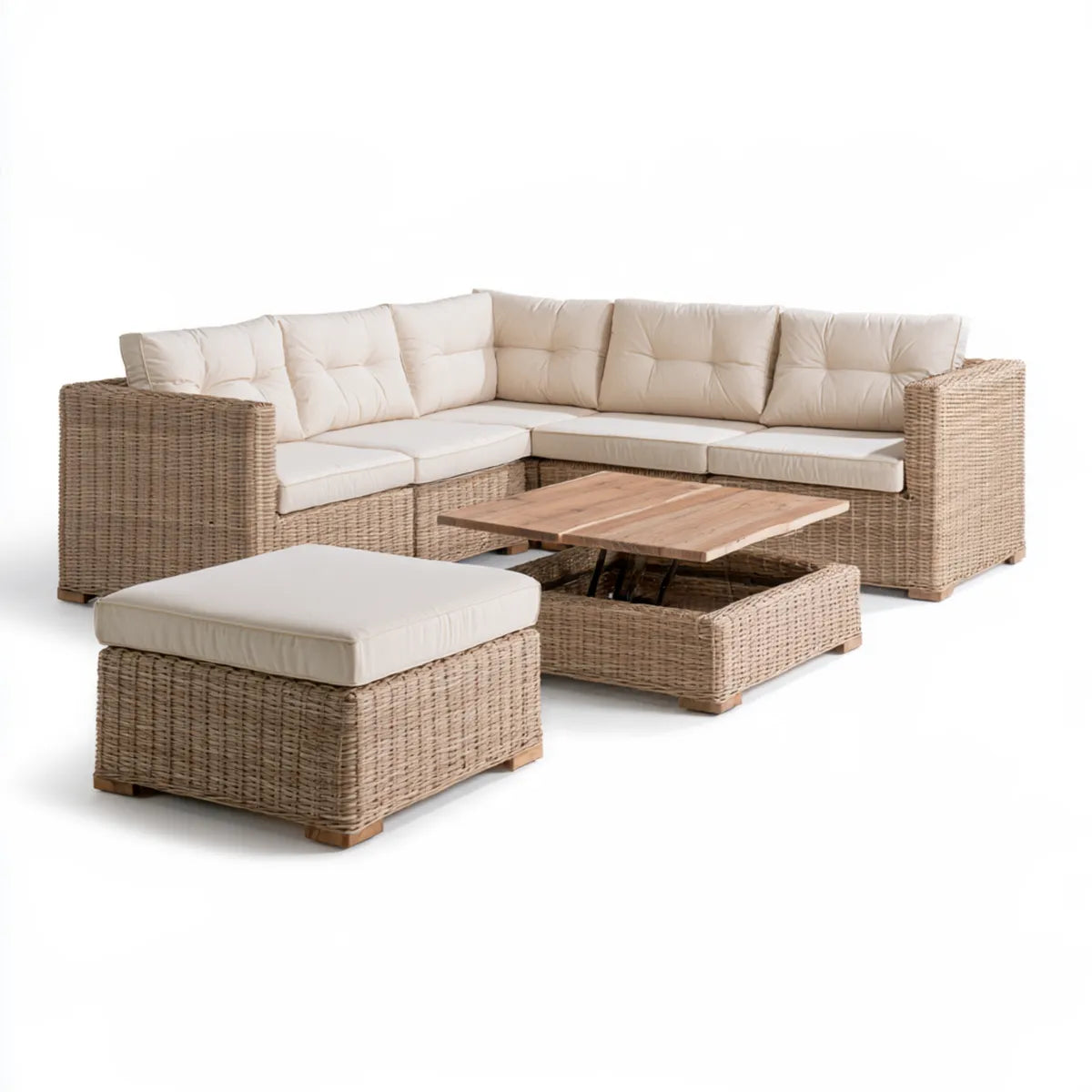 5-Piece Outdoor PE Rattan L-Shaped Sectional Sofa Set with Ottoman and Wood-Top Coffee Table, 101.2 x 101.2 in, Natural/Beige/Brown