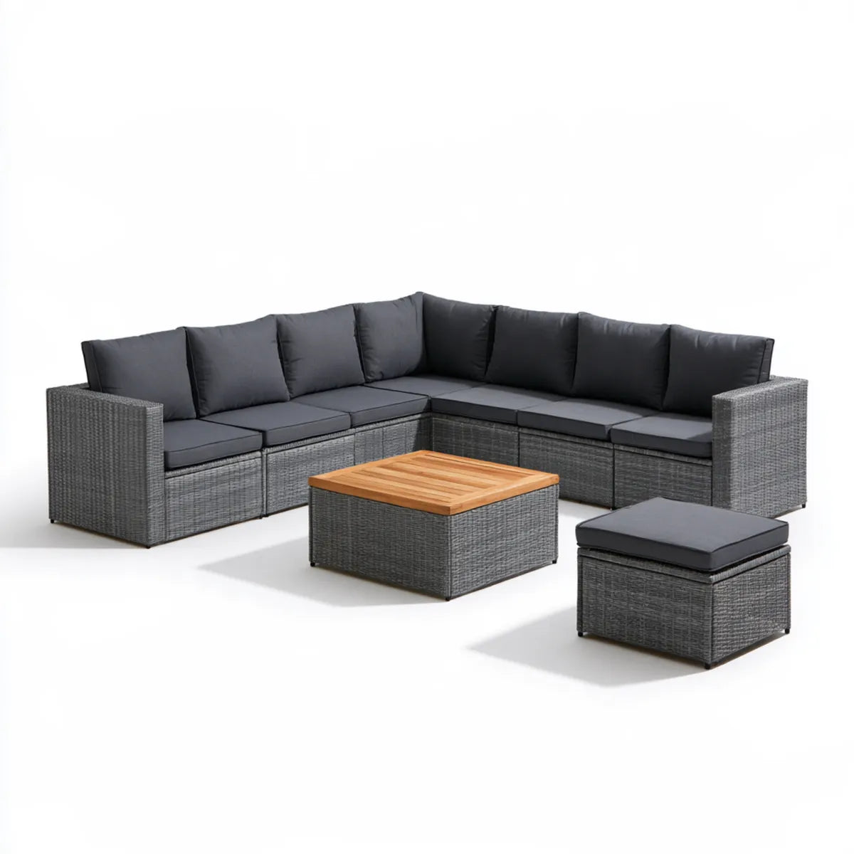 8-Piece Outdoor PE Rattan Sectional Sofa Set with Acacia Wood Coffee Table and Ottoman, Gray, 100 x 100 x 28 in