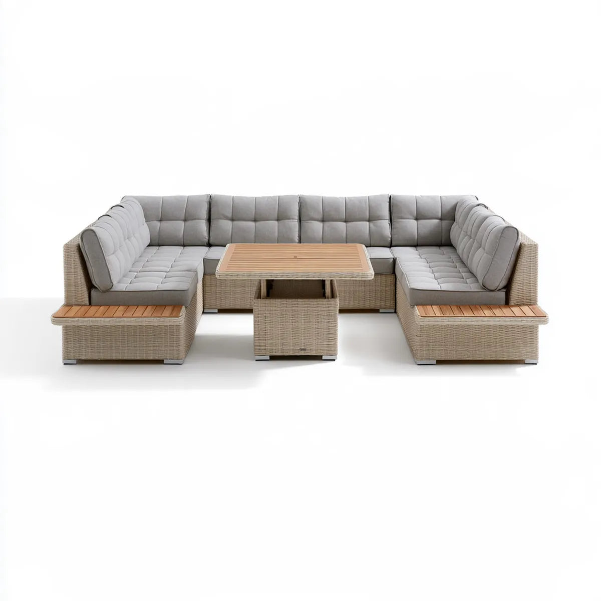 Outdoor PE Rattan U-Shaped Sectional Sofa Set with Acacia Wood Coffee Table, Beige and Gray, 130 x 104 x 31.5 in
