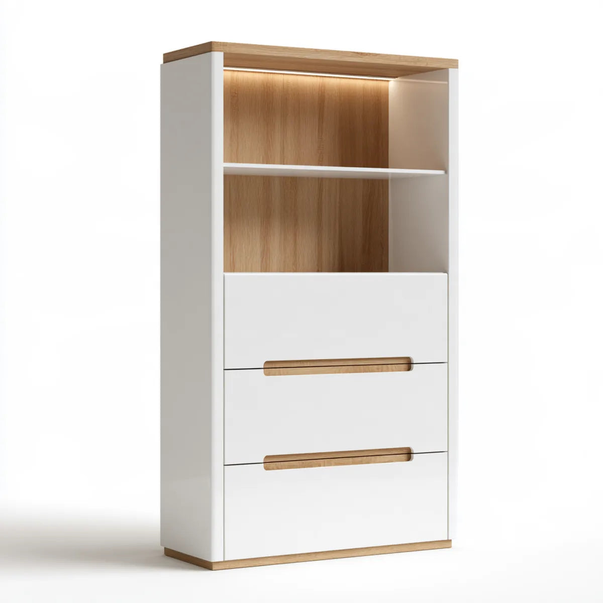 White and Natural Oak MDF Storage Bookcase with 3 Drawers, LED Shelves, 31.5 x 15.7 x 70.9 in