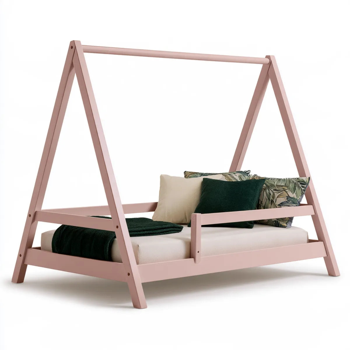 Kids Twin House Bed Frame, 78.7 x 43.3 x 68.9 in, Blush Pink Solid Pine Wood A-Frame