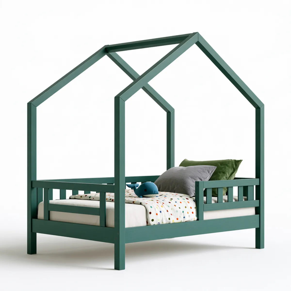 Kids Twin House Bed Frame, 78.0 x 42.0 x 73.0 in, Green Solid Pine Wood