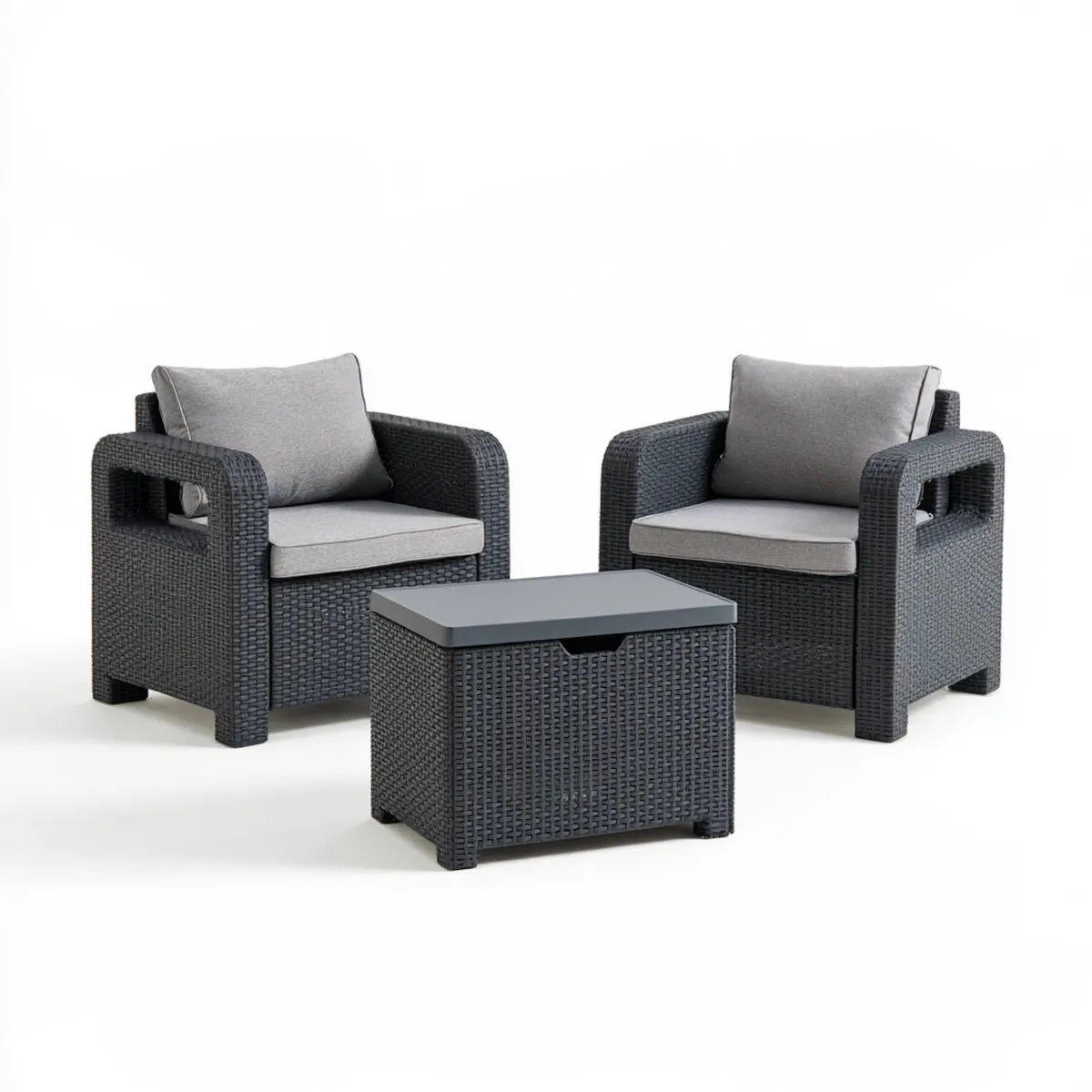 3-Piece Outdoor Patio Conversation Set, Dark Gray Polypropylene Rattan, 25.6 x 25.6 x 35.0 in Armchairs and 23.6 x 23.6 x 15.4 in Storage Table