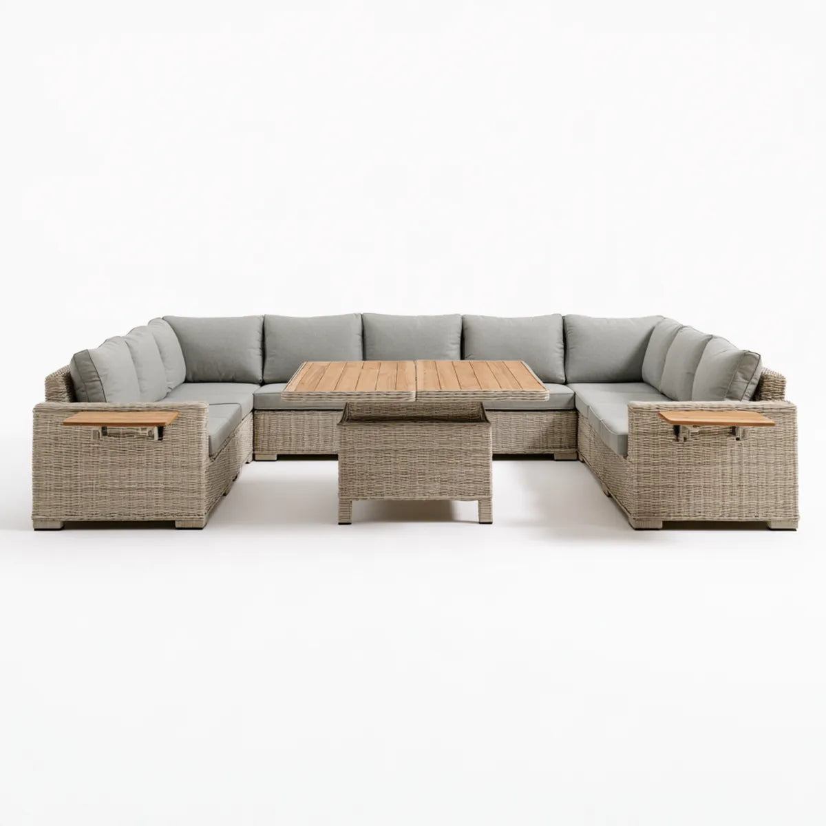 Outdoor U-Shaped PE Rattan Sectional Sofa Set with Acacia Wood Coffee Table, 118 x 83 x 31 in, Gray