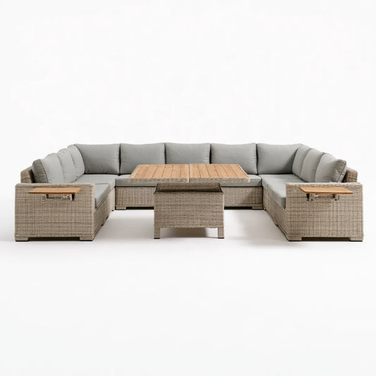 Outdoor U-Shaped PE Rattan Sectional Sofa Set with Acacia Wood Coffee Table, 118 x 83 x 31 in, Gray