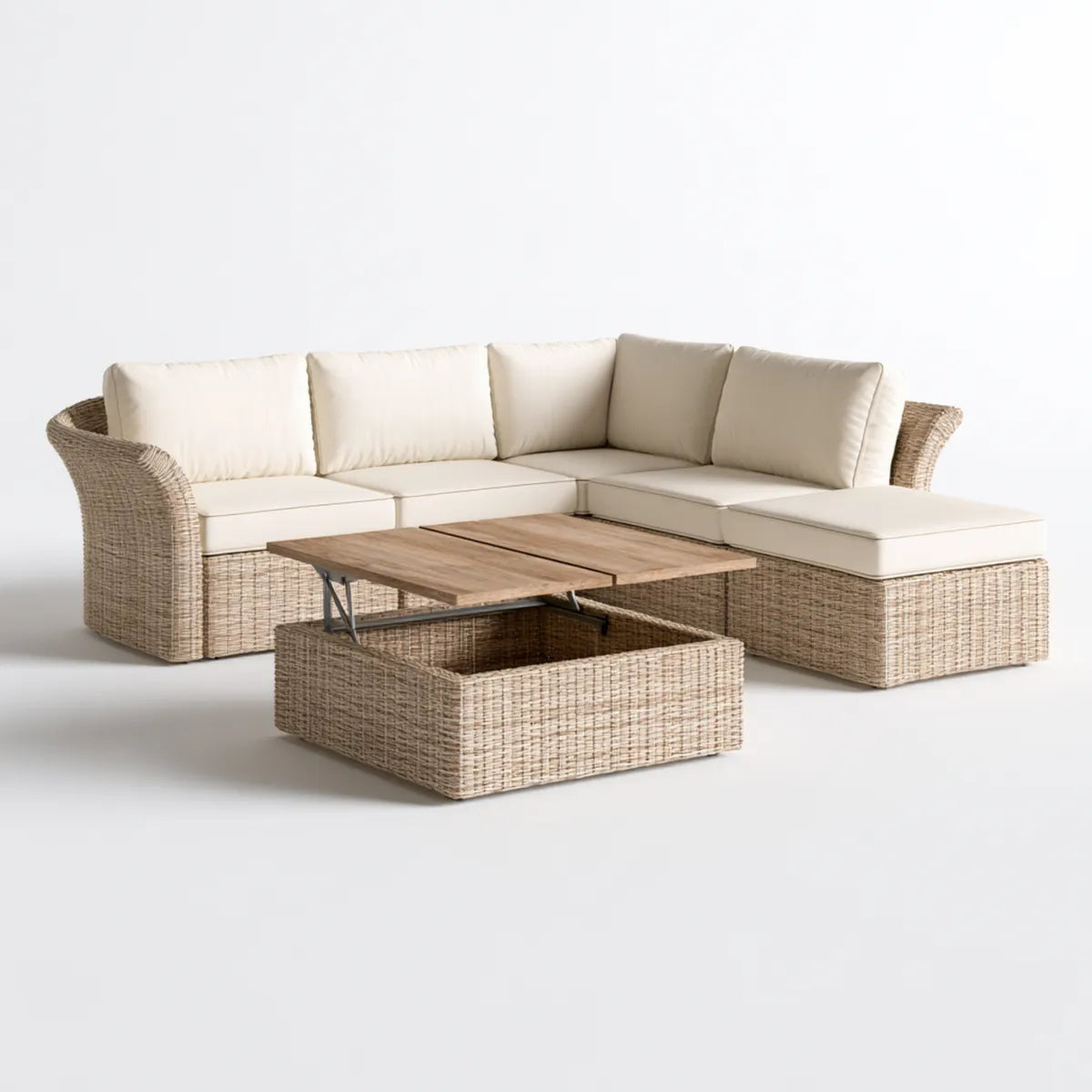 Outdoor PE Rattan Sectional Sofa Set with Lift-Top Storage Coffee Table, Beige/Cream, 255 x 185 x 85 cm