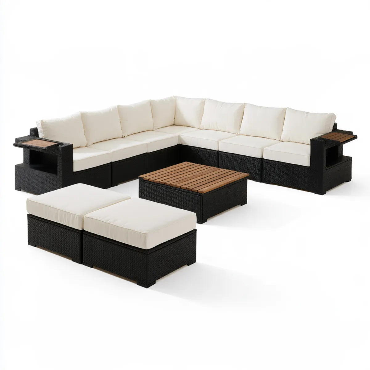 9-Piece Outdoor Patio Sectional Sofa Set with Coffee Table, Black PE Rattan, Cream Polyester Cushions, Natural Wood Accents, 82 in x 82 in