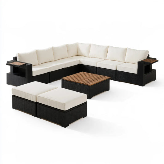 9-Piece Outdoor Patio Sectional Sofa Set with Coffee Table, Black PE Rattan, Cream Polyester Cushions, Natural Wood Accents, 82 in x 82 in
