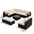 11-Piece Outdoor Patio Sectional Sofa Set, Black PE Rattan, Cream Polyester Cushions, Brown Wood Tables, 29.5 in Deep Seating