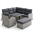 5-Piece Gray PE Rattan Outdoor Sectional Sofa Set with Black Glass Table, 244 x 184 x 88 cm