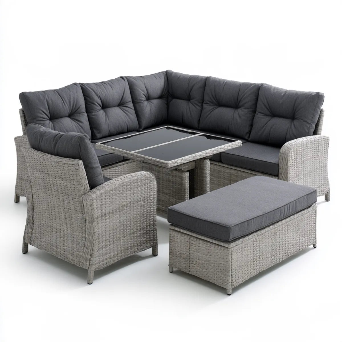 5-Piece Gray PE Rattan Outdoor Sectional Sofa Set with Black Glass Table, 244 x 184 x 88 cm