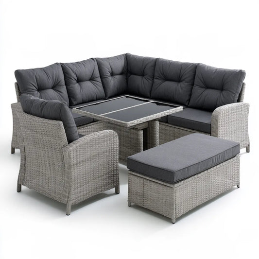5-Piece Gray PE Rattan Outdoor Sectional Sofa Set with Black Glass Table, 244 x 184 x 88 cm