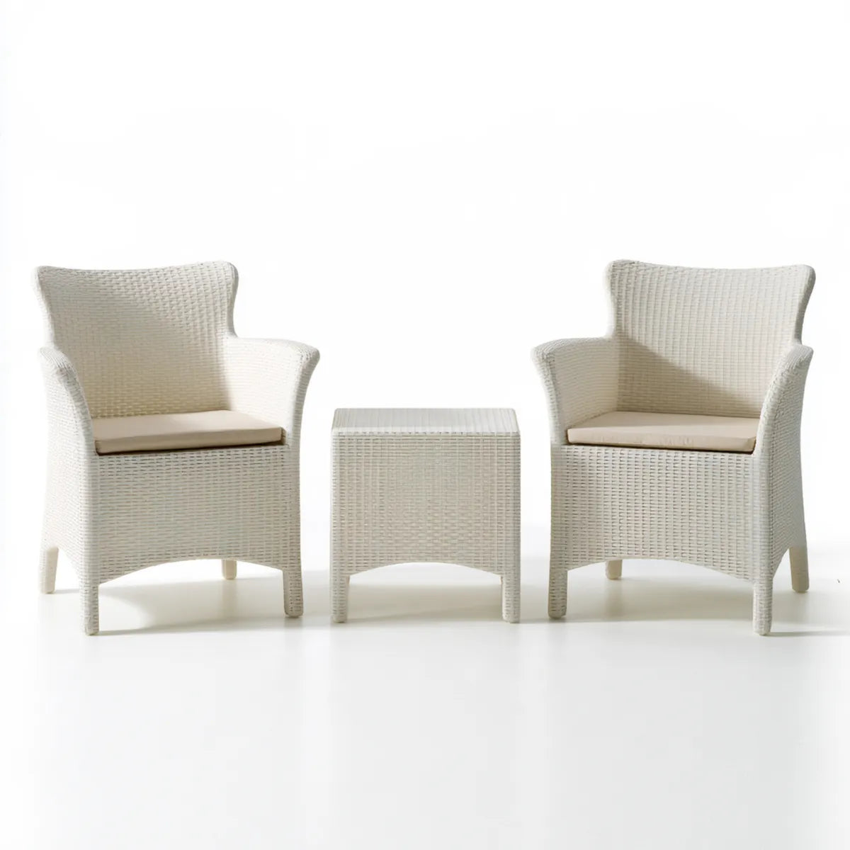 3-Piece Outdoor Patio Conversation Set with 2 White PE Rattan Armchairs, Beige Cushions and 19.7 in Square Side Table