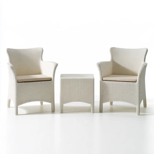 3-Piece Outdoor Patio Conversation Set with 2 White PE Rattan Armchairs, Beige Cushions and 19.7 in Square Side Table