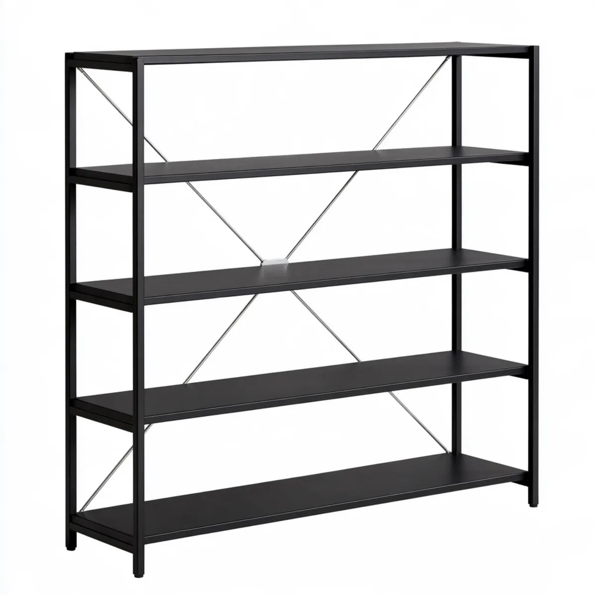 5-Shelf Bookcase, 60 in W x 14 in D x 71 in H, Black Steel and MDF Storage Shelving Unit