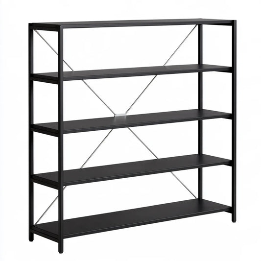 5-Shelf Bookcase, 60 in W x 14 in D x 71 in H, Black Steel and MDF Storage Shelving Unit