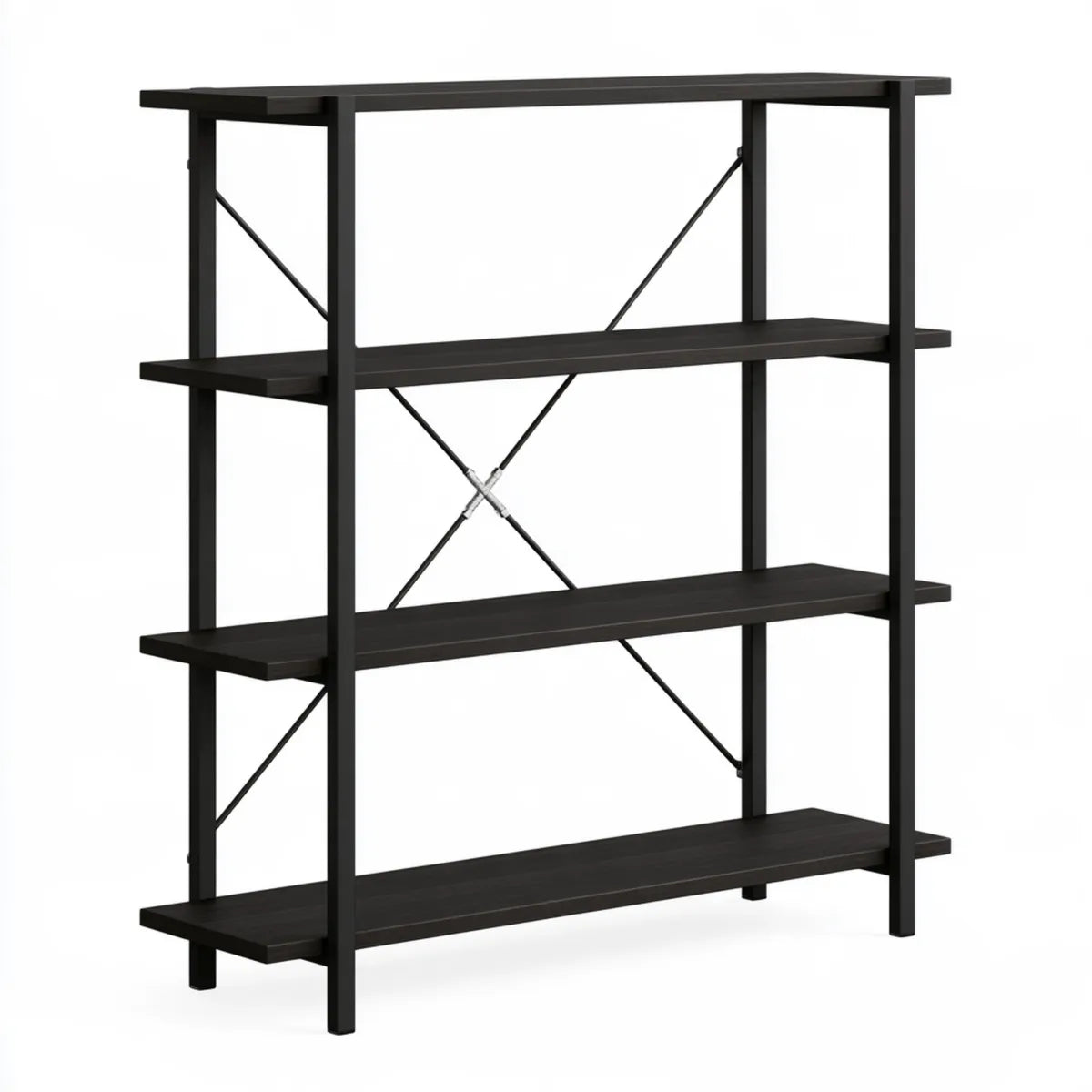 4-Tier Black Rectangular Bookcase, 47.2 x 13.8 x 53.5 in, Engineered Wood and Steel