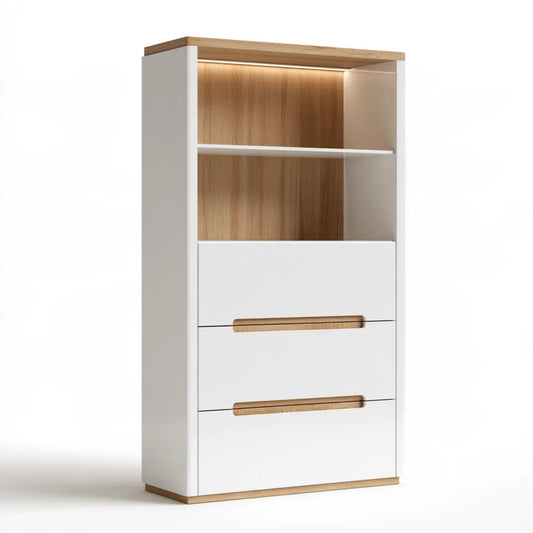 White and Natural Oak MDF Storage Bookcase with 3 Drawers, LED Shelves, 31.5 x 15.7 x 70.9 in