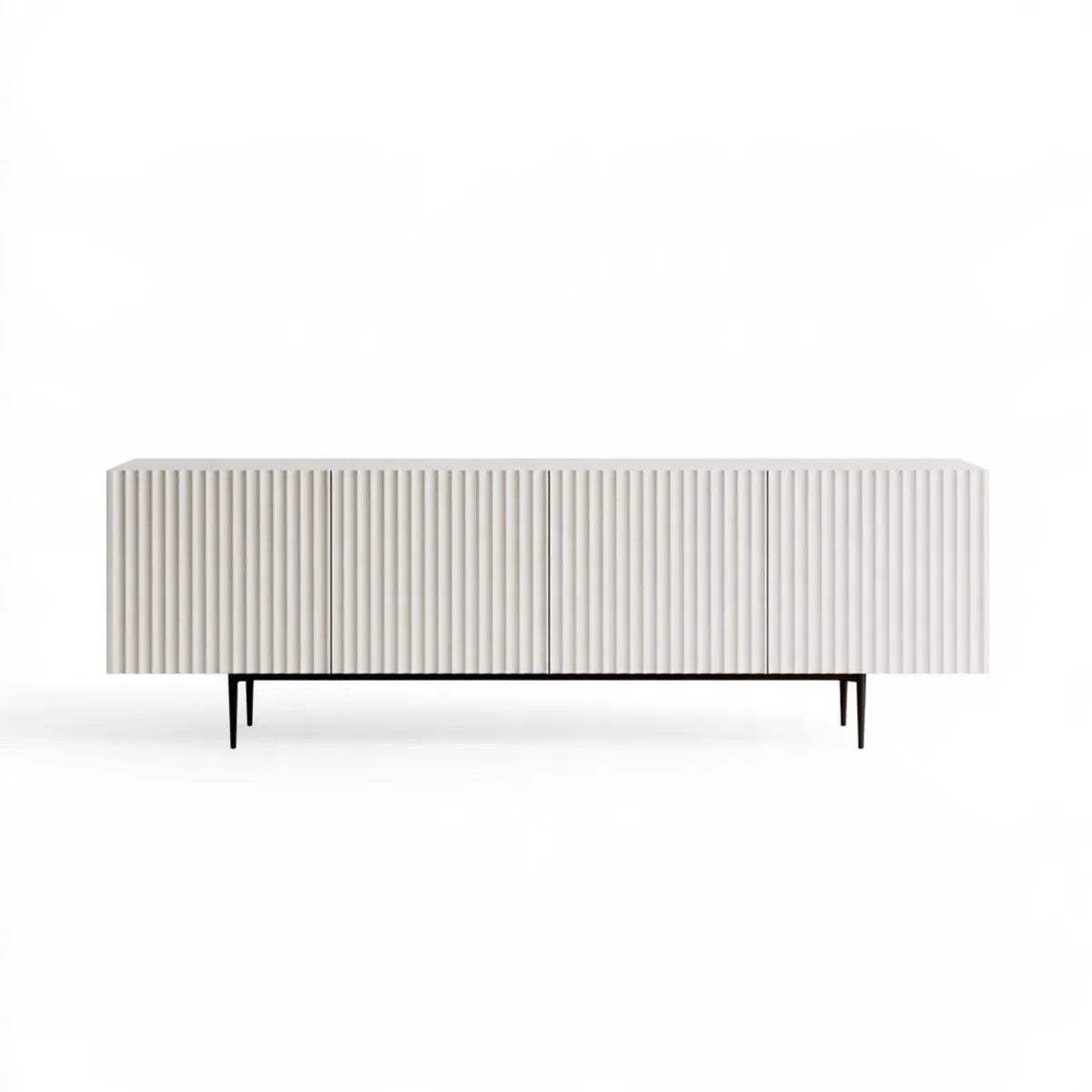 Fluted Door TV Stand, 70.9 x 15.7 x 21.7 in, White Engineered Wood Rectangular Media Console with Black Metal Legs
