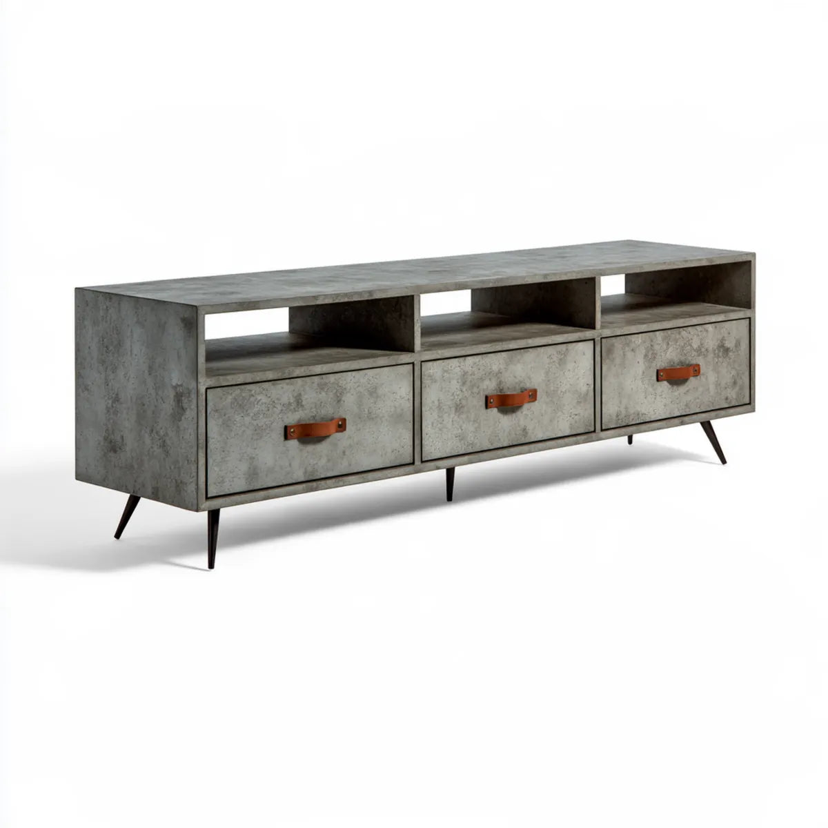 70.9 x 15.7 x 23.6 in Gray Engineered Wood TV Stand Media Console with 3 Drawers, Brown Leather Pulls and Black Steel Legs