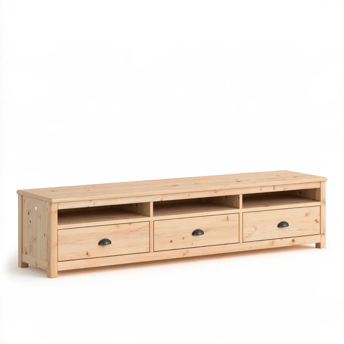 Natural Solid Pine Wood TV Stand with 3 Drawers and 3 Open Shelves, 70.9 x 15.7 x 19.7 in