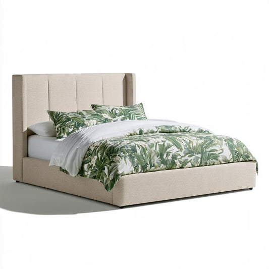 Queen Upholstered Platform Bed, 65 x 86 x 50 in, Beige Polyester, Rectangular