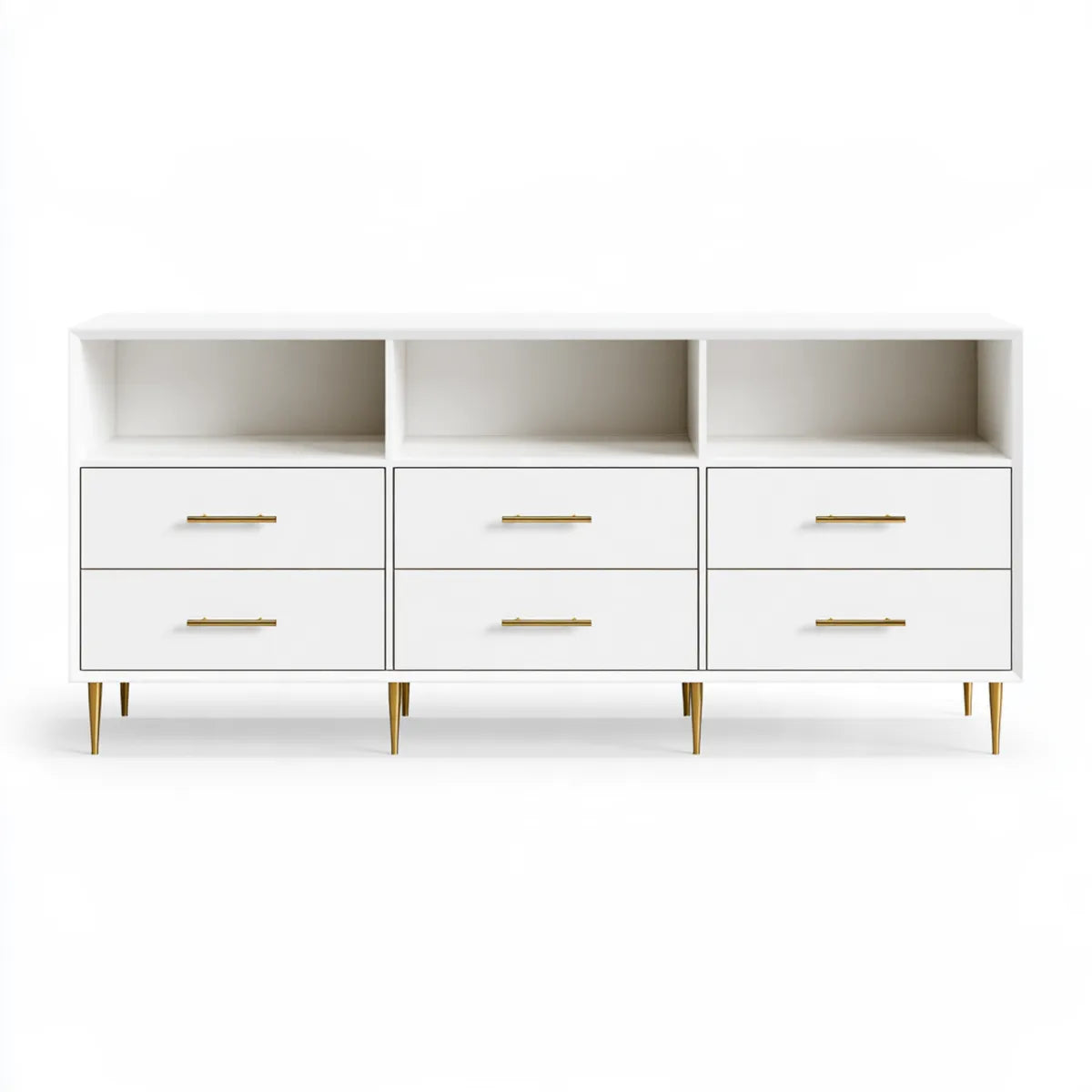 White MDF TV Stand Media Console with 6 Drawers, 3 Open Shelves and Gold Metal Legs, 78 in W x 18 in D x 32 in H