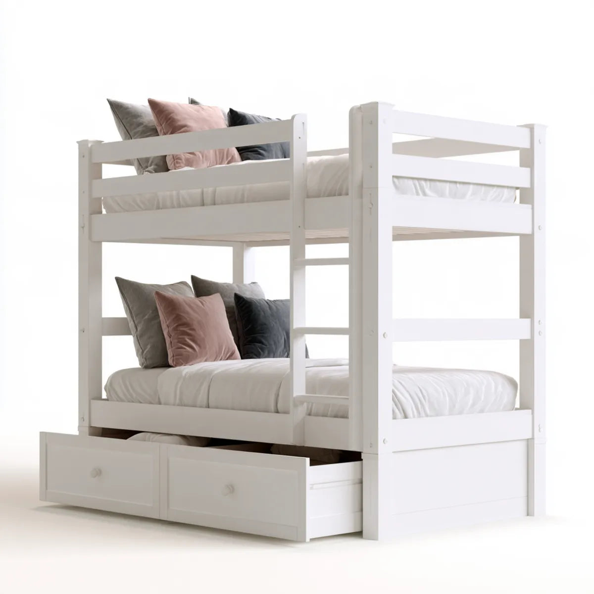 Twin-Over-Twin Solid Pine Wood Bunk Bed Frame with Ladder and 2 Storage Drawers, White, 79.5 x 42 x 65 in