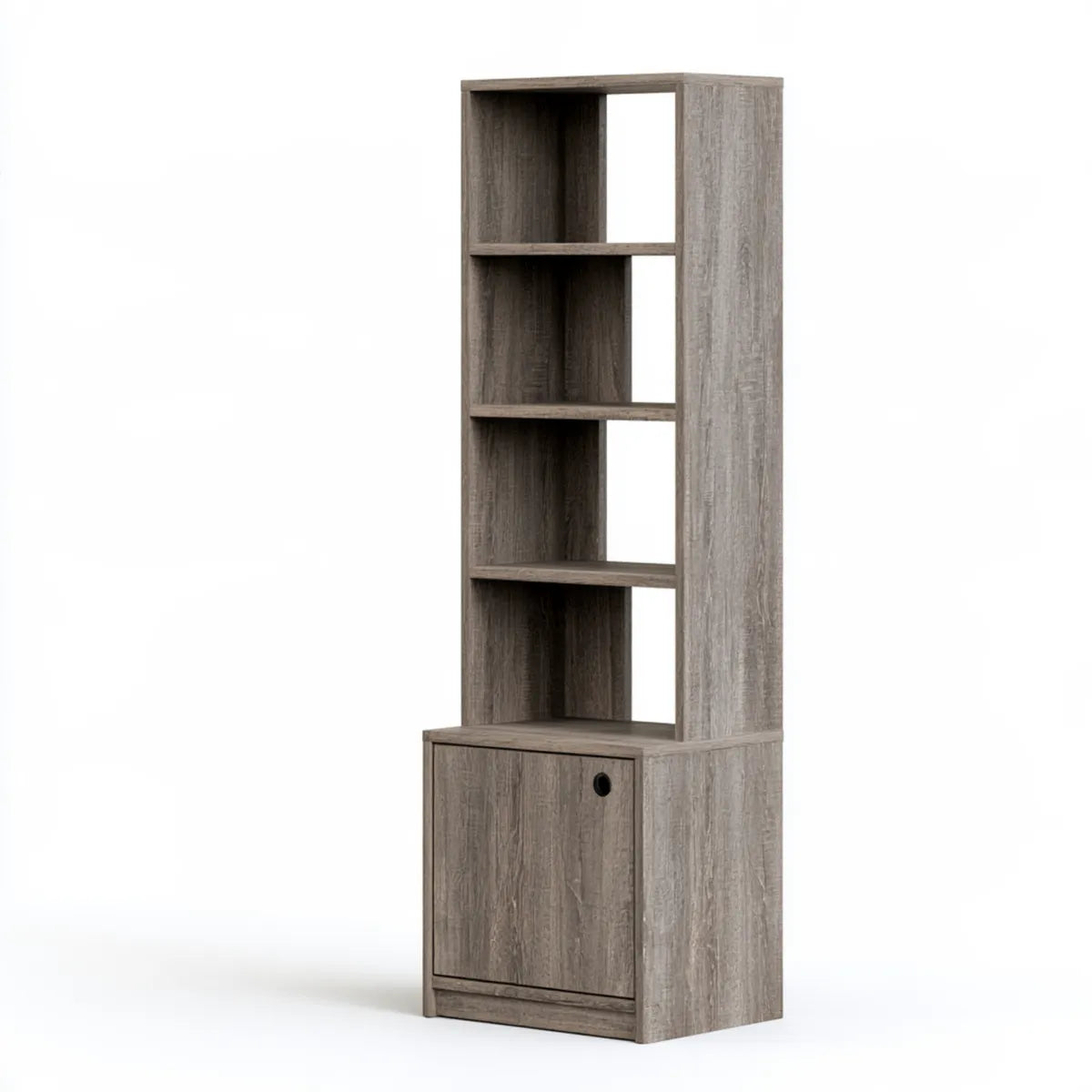 Tall Engineered Wood Bookcase Storage Cabinet with 4 Open Shelves and Lower Door, 23.6 x 11.8 x 70.9 in, Gray Oak