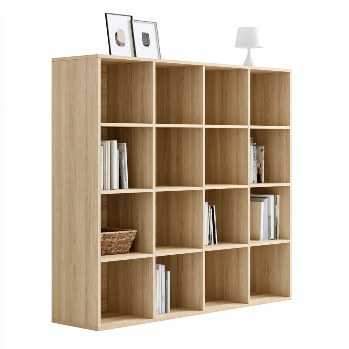 16 Cube Storage Bookcase, 57.1 x 57.1 x 15.4 in, Natural Oak MDF Rectangular Bookcase