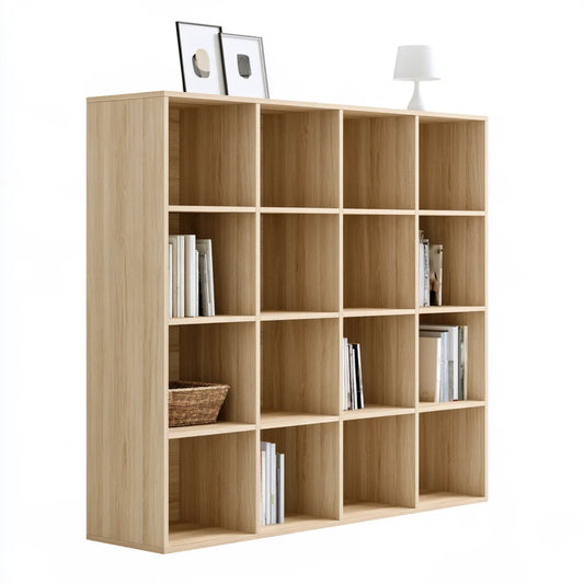 16 Cube Storage Bookcase, 57.1 x 57.1 x 15.4 in, Natural Oak MDF Rectangular Bookcase