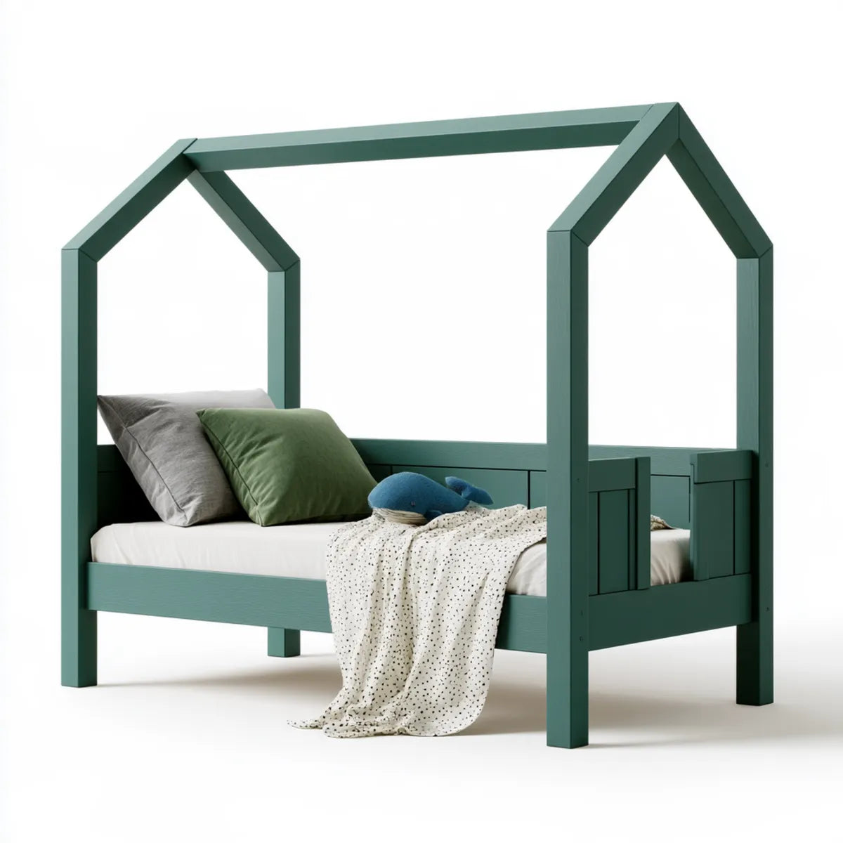 Twin Size Kids House Bed Frame, 79.5 x 42 x 69 in, Green Solid Pine Wood